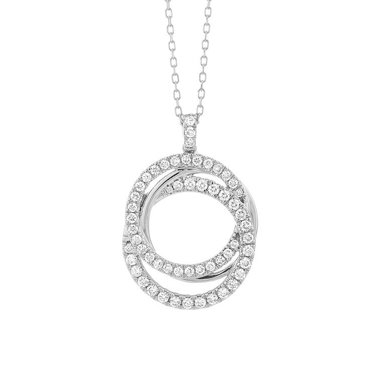 .50 carat diamond interlocking circle pendant on white background – elegant fine jewelry featuring two intertwined circles adorned with sparkling diamonds on a delicate chain.