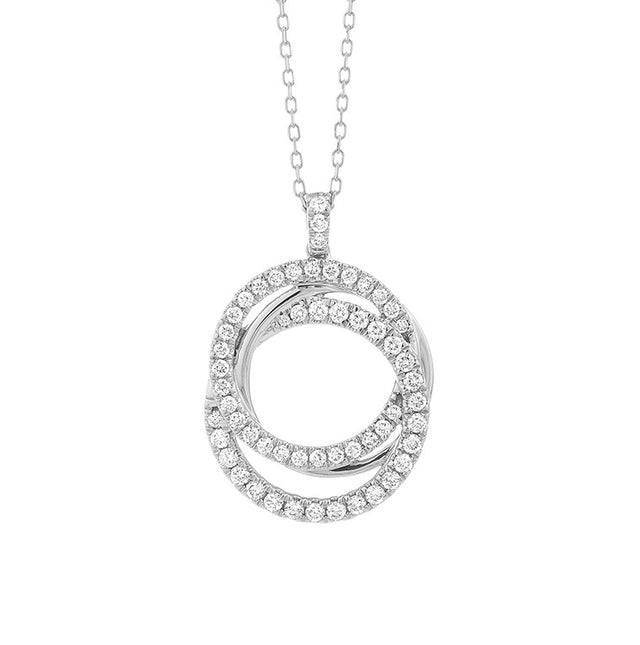 .50 carat diamond interlocking circle pendant on white background – elegant fine jewelry featuring two intertwined circles adorned with sparkling diamonds on a delicate chain.