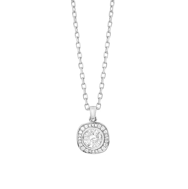 .55 carat total weight diamond cluster pendant on white background – elegant fine jewelry featuring a cluster of sparkling diamonds arranged in a floral-inspired design on a delicate chain.