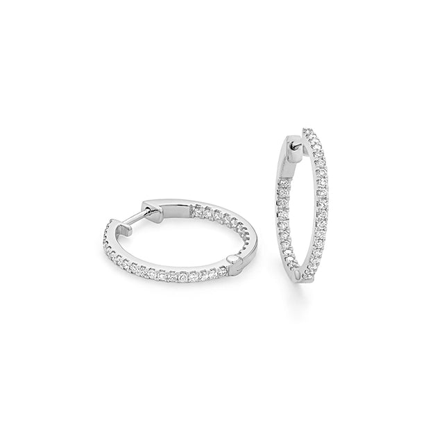 .60 carat total weight diamond in/out hoop earrings on white background – elegant fine jewelry featuring hoop earrings with diamonds set on both the inside and outside of the hoops.