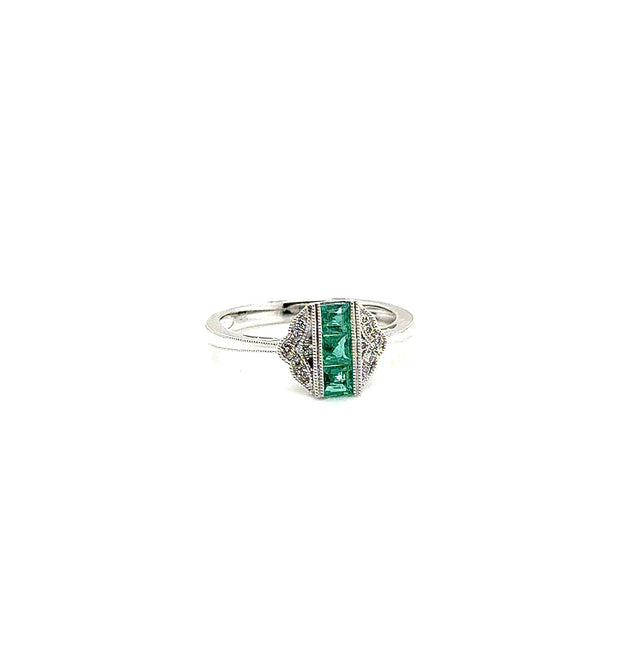 14K White Gold Emerald and Diamond Ring