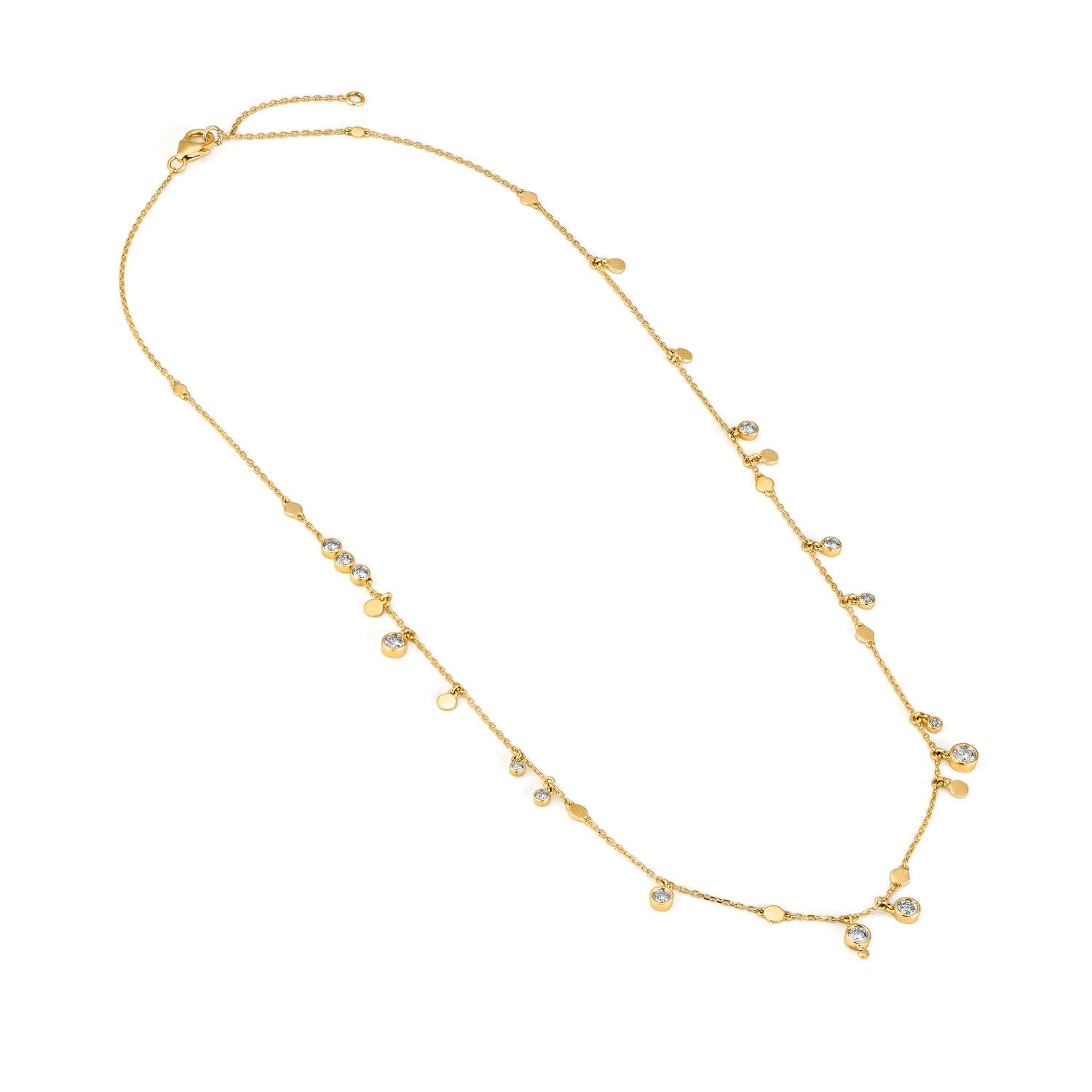 14K gold .75 carat total weight bezel diamond necklace on white background – elegant fine jewelry featuring a bezel-set diamond pendant on a delicate gold chain.