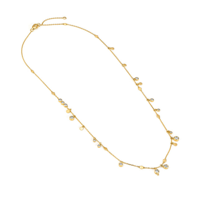 14K gold .75 carat total weight bezel diamond necklace on white background – elegant fine jewelry featuring a bezel-set diamond pendant on a delicate gold chain.