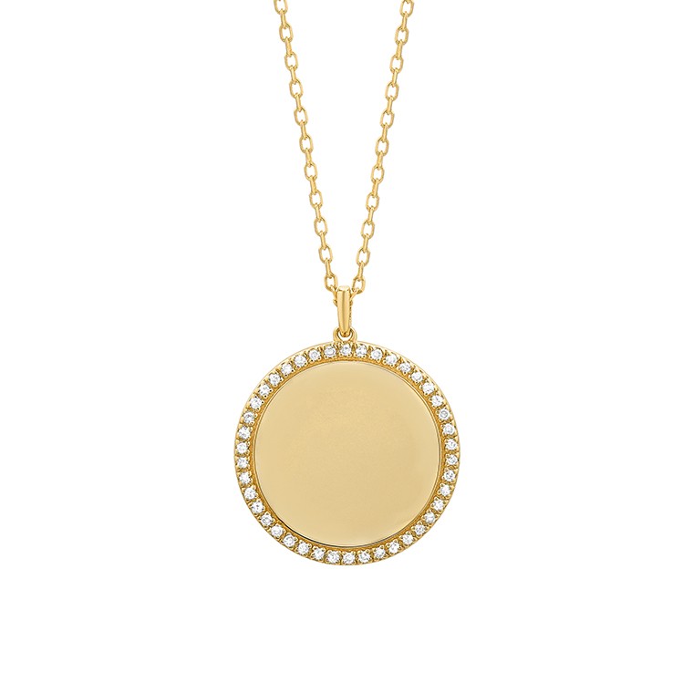 14K gold diamond disc pendant on white background – elegant fine jewelry featuring a round gold disc adorned with sparkling diamonds, hanging from a delicate gold chain.