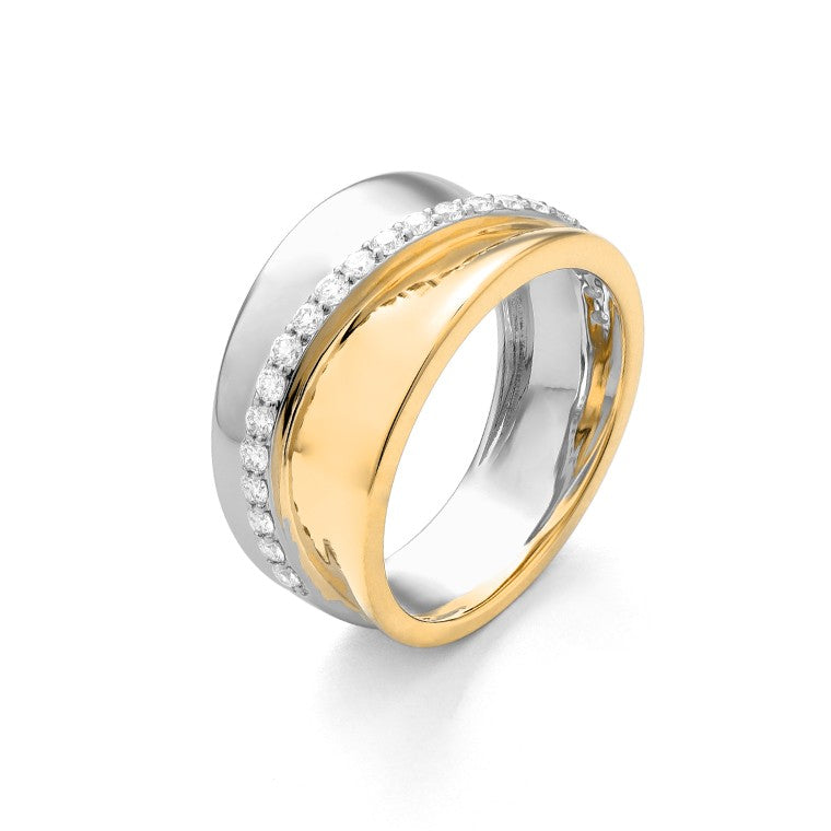 14K gold diamond two-tone statement ring on white background – bold fine jewelry featuring a mix of yellow and white gold with sparkling diamond accents.