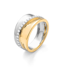 14K gold diamond two-tone statement ring on white background – bold fine jewelry featuring a mix of yellow and white gold with sparkling diamond accents.