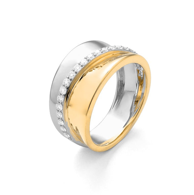 14K gold diamond two-tone statement ring on white background – bold fine jewelry featuring a mix of yellow and white gold with sparkling diamond accents.