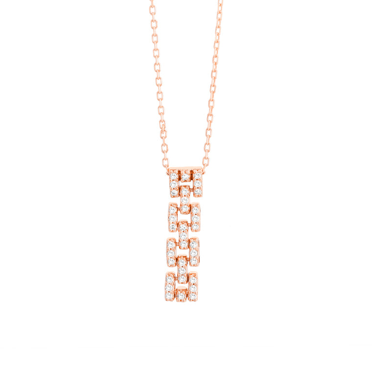 14K rose gold diamond Panthere necklace on white background – luxurious fine jewelry featuring a panther-inspired design adorned with sparkling diamonds in rose gold.