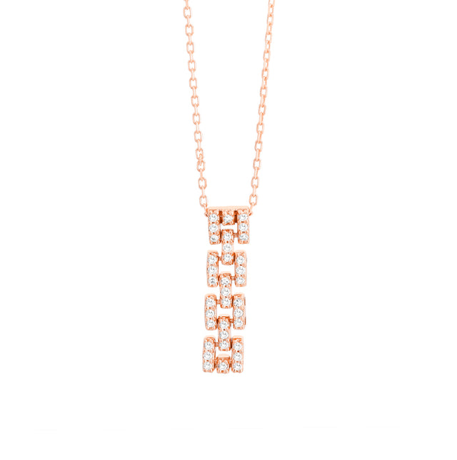 14K rose gold diamond Panthere necklace on white background – luxurious fine jewelry featuring a panther-inspired design adorned with sparkling diamonds in rose gold.