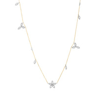 Diamond floral drop necklace on white background – elegant fine jewelry featuring a delicate floral-inspired pendant adorned with sparkling diamonds, hanging from a fine chain.