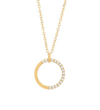 Diamond circle pendant in 14K gold on white background – elegant fine jewelry featuring a circular pendant adorned with sparkling diamonds set in yellow gold.