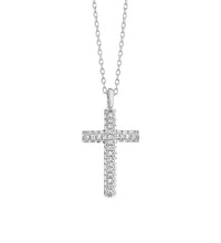 Diamond pave cross pendant in 14K white gold on white background – elegant fine jewelry featuring a cross shape adorned with pavé-set sparkling diamonds.