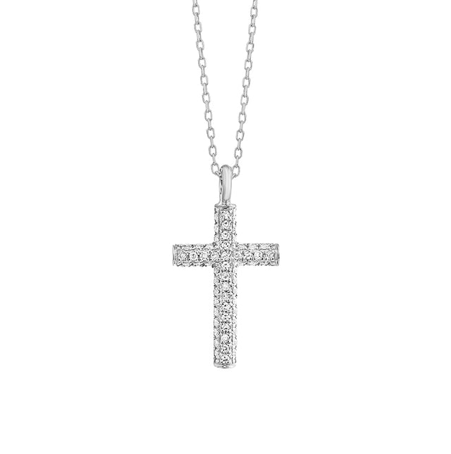 Diamond pave cross pendant in 14K white gold on white background – elegant fine jewelry featuring a cross shape adorned with pavé-set sparkling diamonds.