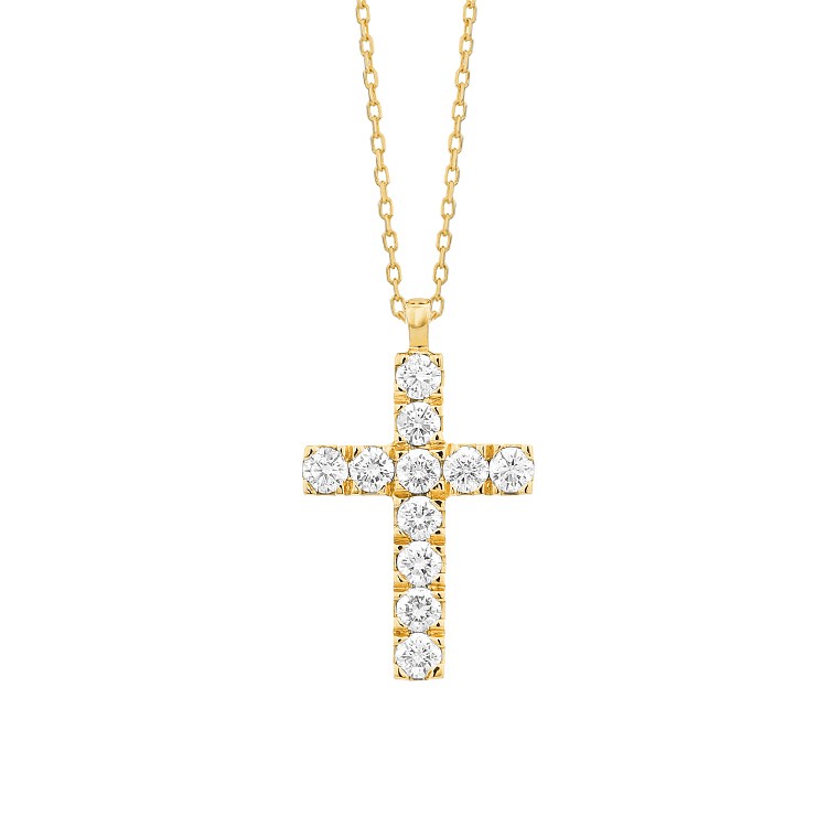 Elegant 14K gold diamond cross necklace on white background – fine jewelry featuring a classic cross pendant adorned with sparkling diamonds on a delicate gold chain.