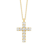 Elegant 14K gold diamond cross necklace on white background – fine jewelry featuring a classic cross pendant adorned with sparkling diamonds on a delicate gold chain.