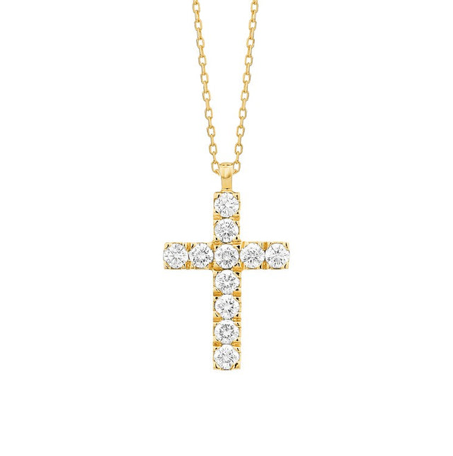 Elegant 14K gold diamond cross necklace on white background – fine jewelry featuring a classic cross pendant adorned with sparkling diamonds on a delicate gold chain.