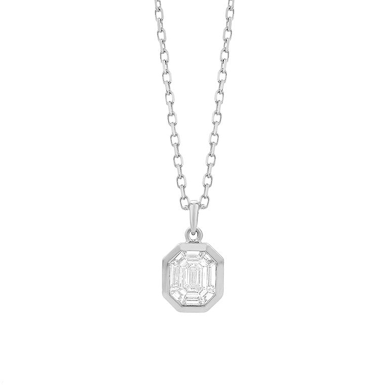 Geometric diamond cluster pendant in 14K white gold on white background – modern fine jewelry featuring a cluster of sparkling diamonds arranged in a geometric design.