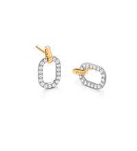 Modern link diamond earrings in 14K gold on white background – contemporary fine jewelry featuring interlocking gold links accented with sparkling diamonds.