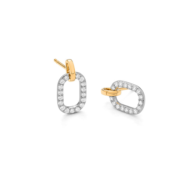 Modern link diamond earrings in 14K gold on white background – contemporary fine jewelry featuring interlocking gold links accented with sparkling diamonds.