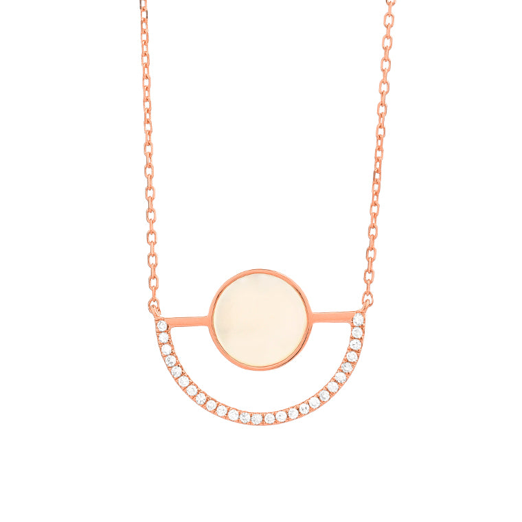 Mother of pearl diamond necklace on white background – elegant fine jewelry featuring a lustrous mother of pearl pendant accented with sparkling diamonds on a delicate chain.
