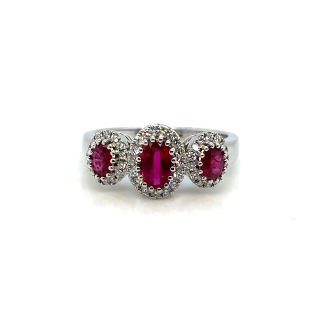 Ruby and diamond halo ring on white background – fine jewelry featuring a vivid red ruby center stone encircled by a halo of sparkling diamonds in a 14K gold setting.