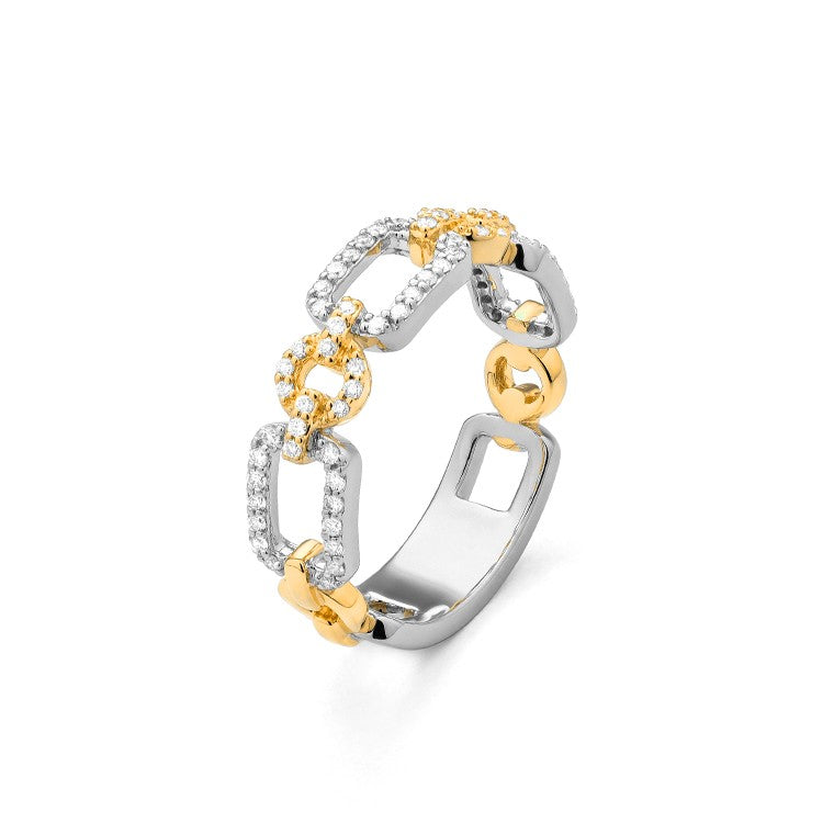 Two-tone diamond link ring on white background – elegant fine jewelry featuring interlocking links in yellow and white gold accented with sparkling diamonds.