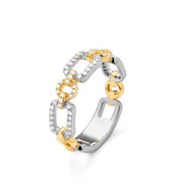 Two-tone diamond link ring on white background – elegant fine jewelry featuring interlocking links in yellow and white gold accented with sparkling diamonds.