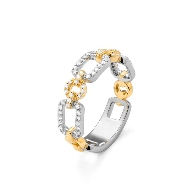 Two-tone diamond link ring on white background – elegant fine jewelry featuring interlocking links in yellow and white gold accented with sparkling diamonds.