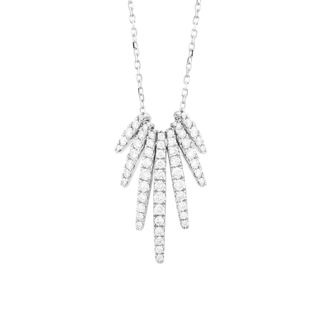 White gold diamond starburst pendant on white background – elegant fine jewelry featuring a starburst design with sparkling diamonds set in white gold.